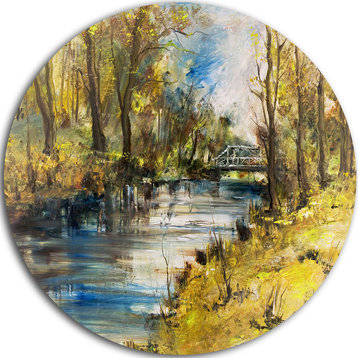 Bridge Over River Oil, Landscape Disc Metal Artwork, 11"