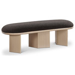 Meridian Furniture - Wilshire Boucle Fabric Upholstered Bench, Brown, Natural Oak Finish - Immerse your entryway, living room, or bedroom in elegance with our stunning brown Wilshire boucle fabric bench. The rich solid wood natural oak finish triple-columnar base not only offers stability but also adds a touch of warmth to the bench's art deco design. Sink into the plushness of this bench, inviting you to relax in comfort and style. Place this pretty bench wherever you need extra seating - it's an ideal blend of form and function.