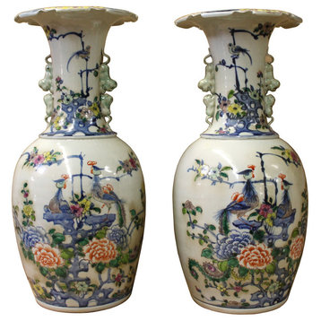 Consigned, Chinese Porcelain Flower Bird Foo Dog Accent Vases, 2-Piece Set
