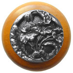Notting Hill Decorative Hardware - Hibiscus Wood Knob, Antique Brass, Maple Wood Finish, Antique Pewter - Projection: 1-1/8"