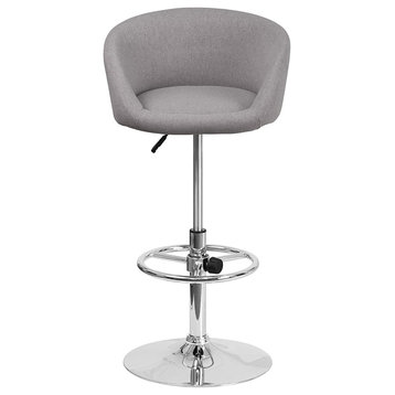 Contemporary Gray Fabric Adjustable Height Bar Stool w/ Barrel Back and Chrome