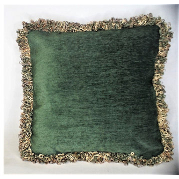 green chenille decorative pillow With fringe for living room sofa or bed, 17x17