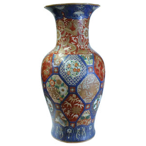 Oriental Furnishings Chinese Floral Square Porcelain Vase Gold Line with Lime Green and Coral. 