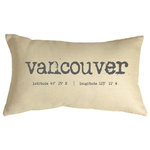 Pillow Decor Ltd. - Pillow Decor - Vancouver Coordinates 12 x 20 Throw Pillow - Vancouver and its geographic coordinates are printed across this throw pillow in an old typewriter typeset. The gray-taupe font contrasts nicely against the natural cream linen fabric giving the pillow a beautiful vintage look and feel. The Vancouver Coordinates Pillow is a perfect size for a stand alone chair in a den, office, or living room or would make a nice finishing touch on a bed or window seat.