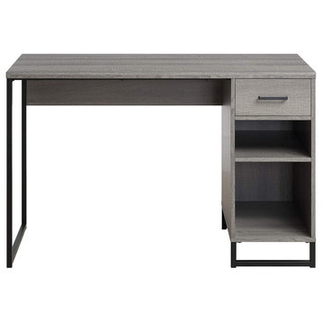 Contemporary Desk, Metal Frame and Rectangular Top With Drawer, Farm Oak