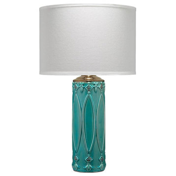 Elegant Aqua Turquoise Fleur De Lis Column Table Lamp 28.5 in Blue Ceramic Ovals