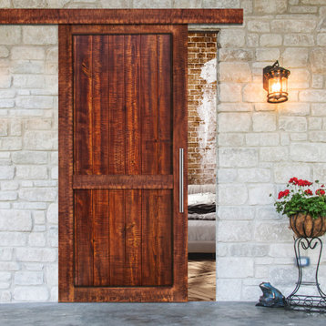 Rustic Ranch Barn Door with Saw Pattern, 48"x84", Tropical Timber Solid Wood