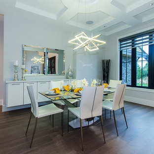 バンクーバーの中サイズのトランジショナルスタイルのLDKの画像 (グレーの壁、濃色無垢フローリング)