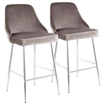 Lumisource Marcel Counter Stool, Chrome and Silver Velvet, Set of 2
