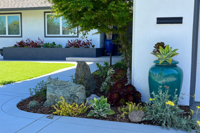 Design ideas for a mid-sized drought-tolerant and full sun front yard concrete paver and wood fence garden path for summer.