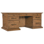 Hooker Furniture - Big Sky Executive Desk - Celebrate the dramatic vistas and natural beauty of the American wilderness with the grand Big Sky Executive Desk. Crafted of rustic Pecky Hickory Veneers in a Vintage Natural finish with a solid wood edged top and a top-grain-leather writing surface, the desk has 7 drawers including a center drawer with drop-front for use with the keyboard. The left and right top drawers each have two removable dividers, one removable pencil tray and writing insert that can be used on either side. The left and right second drawer locks and has two removable dividers. The left and right bottom drawers are locking file drawers with Pendaflex letter/legal system. On the visitor's side of the desk is an arch design.