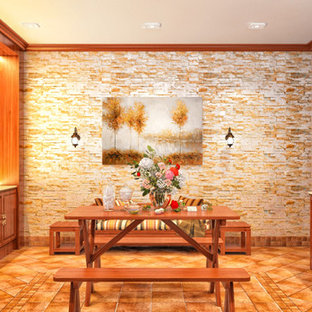 Inspiration for a medium sized rustic look-out basement in Nashville with beige walls, terracotta flooring, no fireplace and a stone fireplace surround.