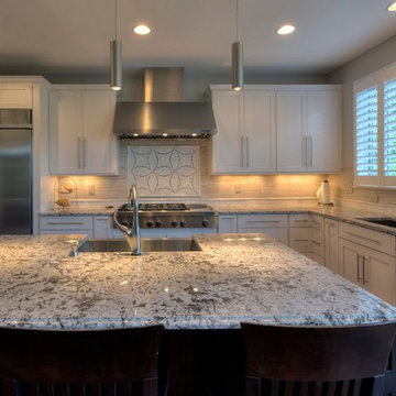 Beautiful Bianco Antico Granite Kitchen with Custom Tile Backsplash