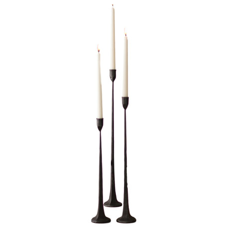 Tall Cast Iron 3-Piece Set Black Candlesticks Taper Candle Holder Elegant Slim