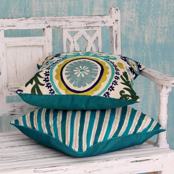 Aqua Fusion Embroidered Cushion Covers, Set of 2