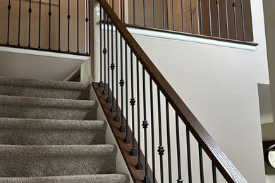 Imagen de escalera recta contemporánea de tamaño medio con escalones enmoquetados, contrahuellas enmoquetadas y barandilla de varios materiales