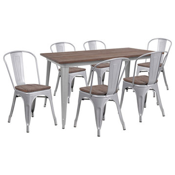 30.25"x60" Silver Metal Table Set with Wood Top and 6 Stack Chairs