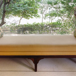 Metaphor | Long, Low Wood Bench with Angled Sides in Cane - Accent And Storage Benches