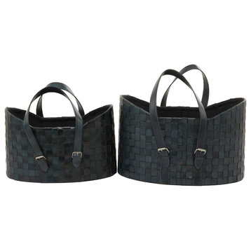 Set of 2 Dark Blue Leather Modern Storage Basket 560982