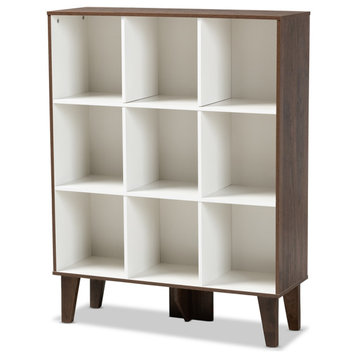 Modern Two-Tone White and Walnut Brown Finished Wood 9-Shelf Bookcase