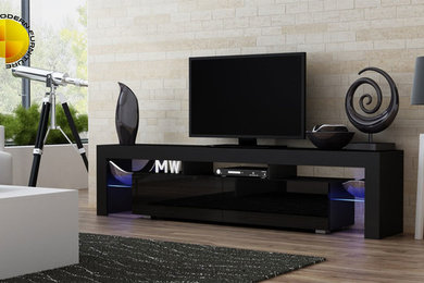 Modern TV Stand 200cm Black Matt & Black High Gloss Cabinet Unit RGB LED Lights