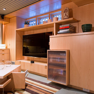 フィラデルフィアの中サイズのコンテンポラリースタイルのおしゃれな地下室 (半地下 (窓あり) 、茶色い壁、スレートの床、暖炉なし、緑の床) の写真