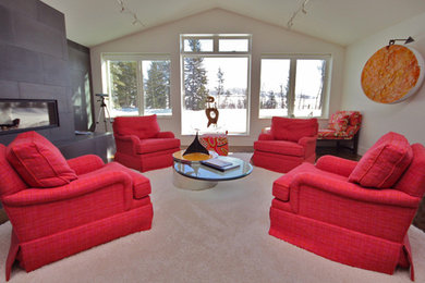 Living room - large contemporary open concept concrete floor and brown floor living room idea in Denver with white walls, a ribbon fireplace and a concrete fireplace