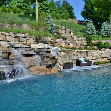 Pool and Spa with Water Feature Built into Mountainside - Mahwah, NJ