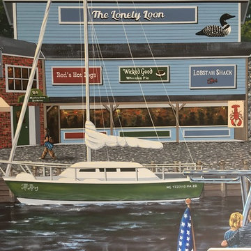 New England Harbor Town Mural, hand painted throughout a lower level