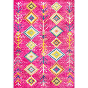 Tribal Love Geometric Area Rug, Pink/Multi, 8 X 10