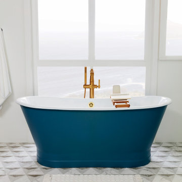 Luxurious cast iron skirted tub overlooking the ocean