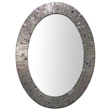 Bohemian Rhapsody Mosaic Decorative Wall Mirror, Oval Silver Violet Glass Mirror