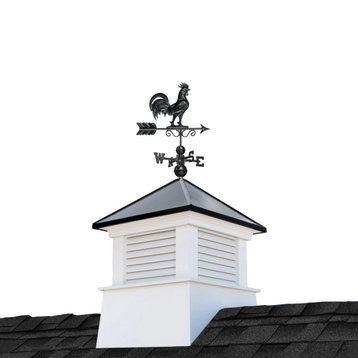 30" Square Manchester Vinyl Cupola, Black Aluminum Rooster Weathervane and Roof