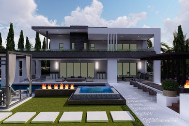 Large trendy white two-story mixed siding exterior home photo in Los Angeles with a mixed material roof
