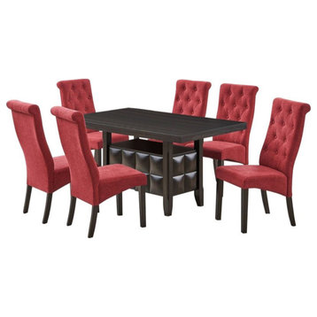 Huxley 7 Piece Dining Set, Black Wood and Blue Fabric, Table, 6 Chairs, Red