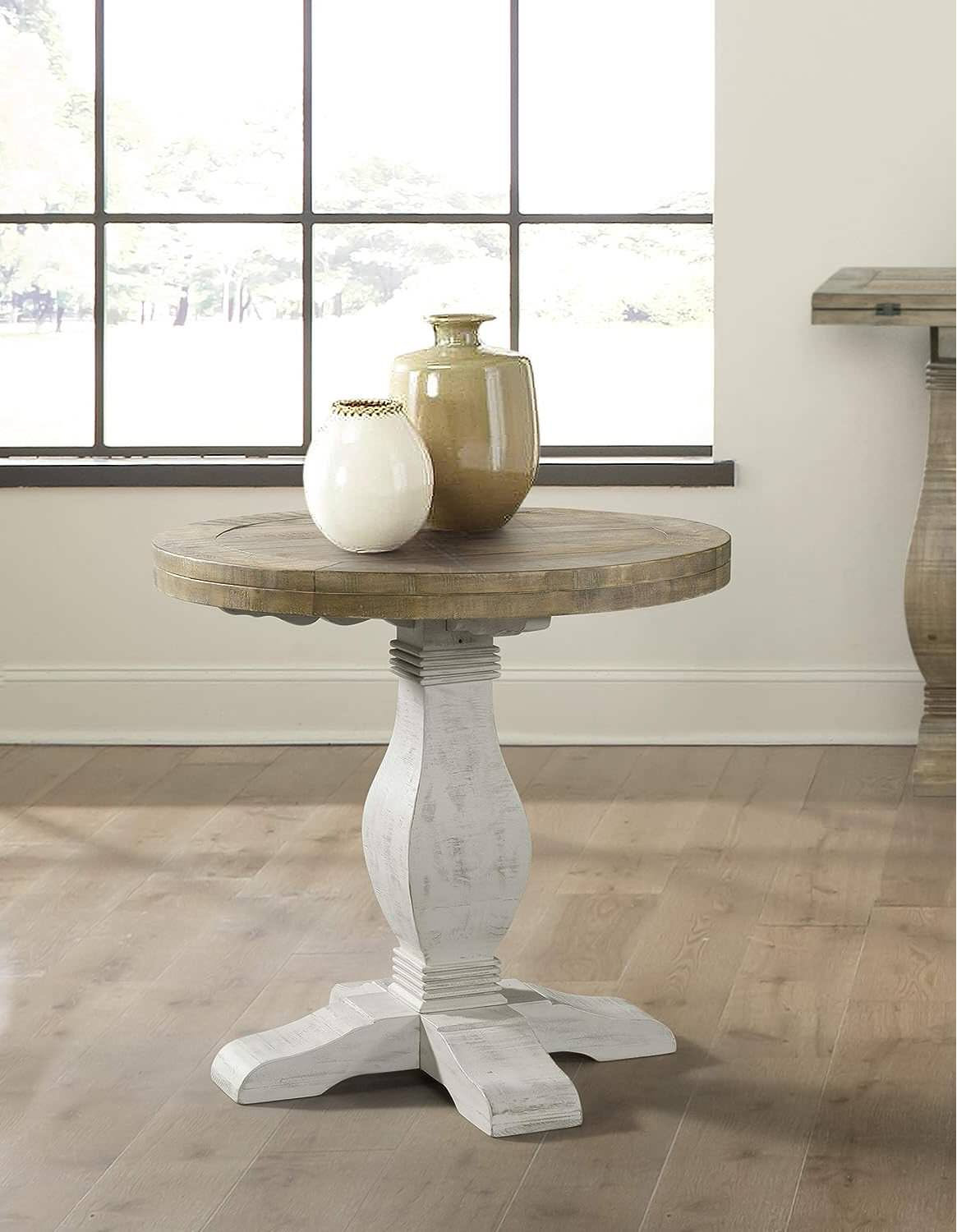 Round Farmhouse End Table With Baluster Pedestal Base and Solid Wood ...