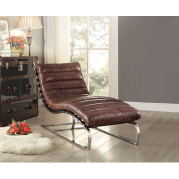 Qortini Stainless Steel Top Grain Leather Lounge Chaise, Vintage Dark Brown