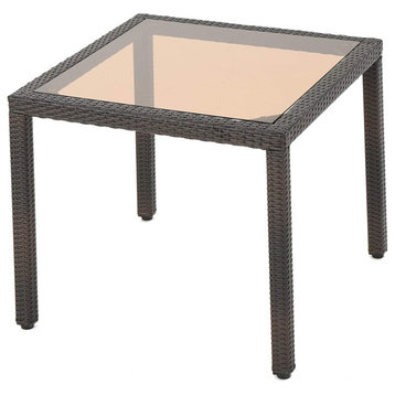 Patio Dining Table, Wicker Covered Frame With Square Tempered Glass Top, Brown