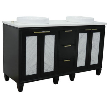 61" Double Sink Vanity, Black Finish With White Quartz And Round Sink