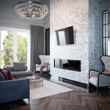 Family Room With Beautiful Recycled Glass Tile Fireplace Surround