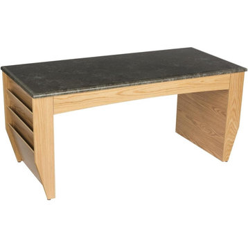 Contemporary Coffee Table, Hardwood Frame With Side Magazine Rack, Medium Oak