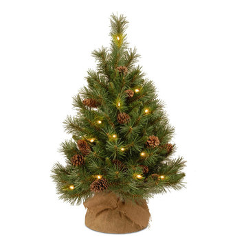 3' Pine Cone Burlap Tree With 35 Warm White Battery Operated LED Lights, Timer