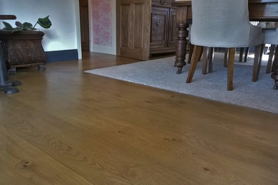 French Oak wide engineered flooring, character grade with colour lacquer finish.