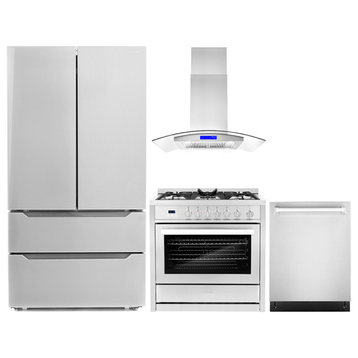 4-Piece, 36" Gas Range, 36" Island Range Hood, Dishwasher and Refrigerator