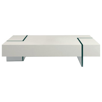 Modern Rectangular Coffee Table With 15MM Thick Glass Base, White, 16'' Height