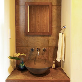 75 Beautiful Brown Tile Powder Room With Tile Countertops Pictures