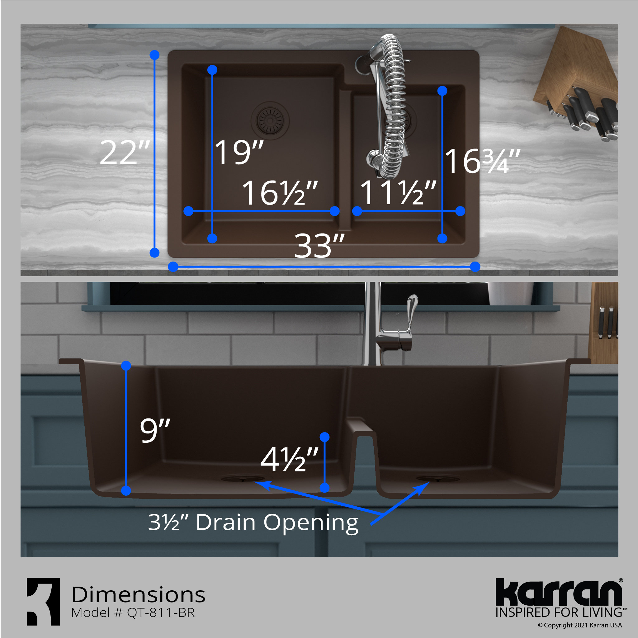 Karran 33" Top Mount Large/Small Bowl Quartz Kitchen Sink, Brown