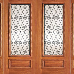 Scrollwork Ironwork Glass, Mahogany Prehung Double Door Two Sidelites - Front Doors