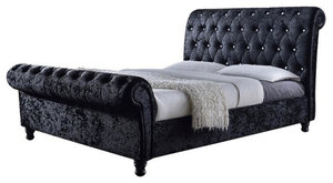 Castello Black Velvet Faux Crystal-Buttoned Sleigh Platform Bed, Queen