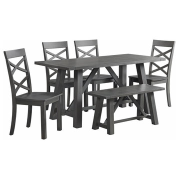 6 Pieces Dining Set, Large Table With Bench & X-Shaped Back Chairs, Gray
